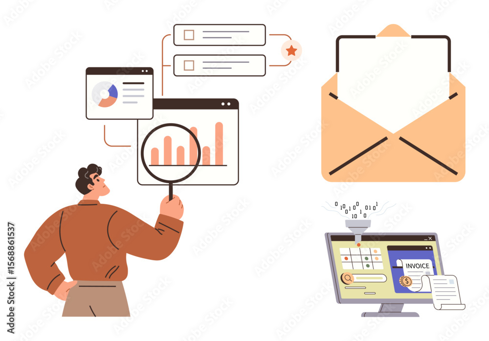 Aufkleber man analyzing data charts with magnifying glass, open email envelope, invoice generation on a comput