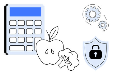 Calculator, apple, broccoli, shield lock, and gears represent health budgeting, meal planning, food safety, decision-making system optimization. Ideal for health finance nutrition tracking secure