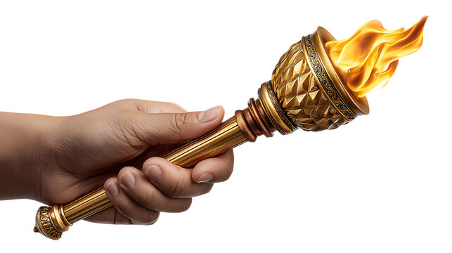 A hand holding a golden olympic torch with a bright flame burning at the top isolated on transparent background