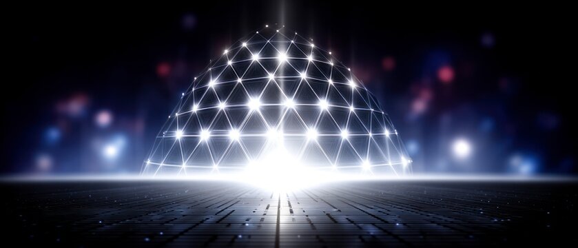 Illuminated geodesic dome structure with glowing nodes on dark digital background