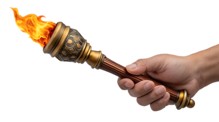 Hand holding a burning ornate bronze and copper torch with vibrant orange flames isolated on transparent background
