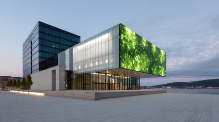 Obraz premium Modern Architectural Marvel with Lush Greenery Display at Twilight
