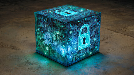 A glowing cube with circuit patterns and padlock icons symbolizes digital security and data protection in a tech environment.