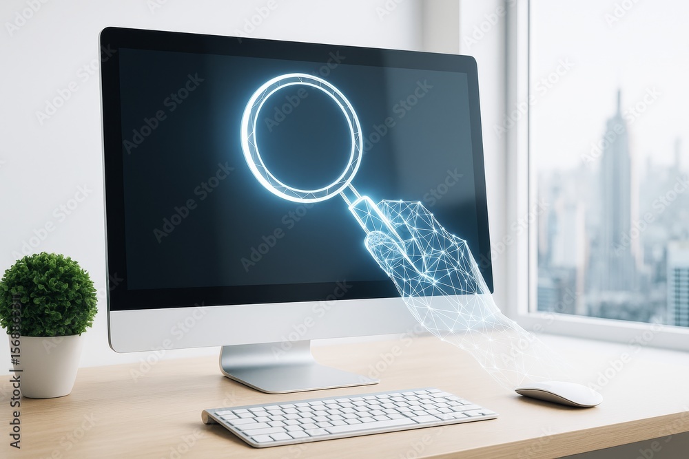 Poster Digital polygonal hand holding magnifying glass emerging from computer screen on wooden desk in bright office background illustrating tech concept.