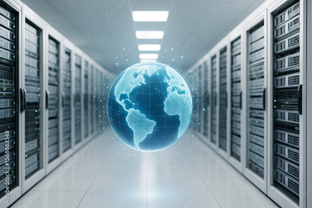 Poster Futuristic glowing digital globe in data center hallway with modern servers, global network concept, bright tech background and business technology interface.