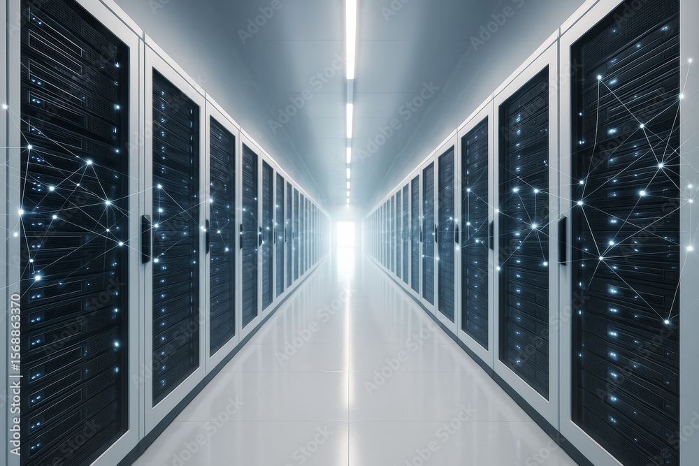 Poster Data center corridor with glowing network connections and futuristic light background in a modern abstract technology concept.