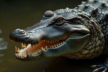 Fototapeta premium Crocodile with Open Mouth Revealing Sharp Teeth Against Water Background