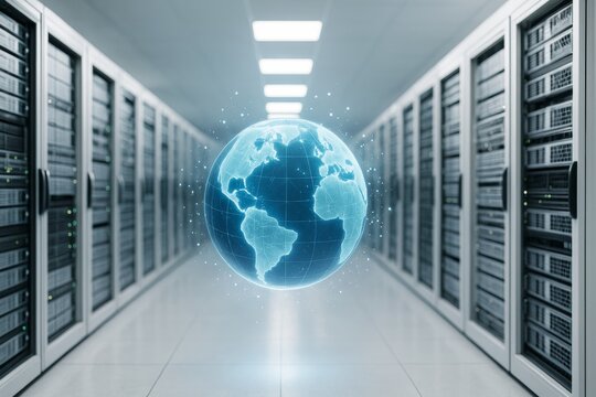 Futuristic glowing digital globe in data center hallway with modern servers, global network concept, bright tech background and business technology interface.