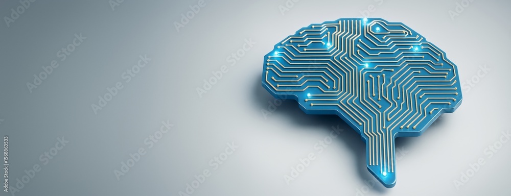 Poster Futuristic digital brain with glowing circuit lines on clean light background as concept for artificial intelligence and technology innovation copyspace template.
