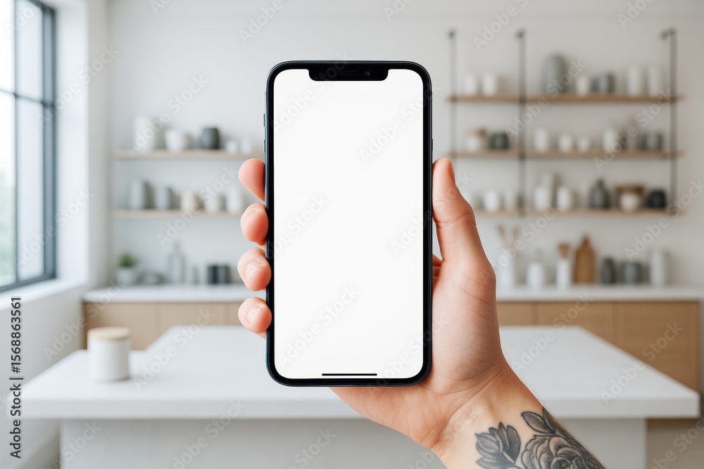 Poster Smartphone with blank screen held in hand in modern kitchen, ideal for tech mockup or advertising display concepts with copyspace template design.