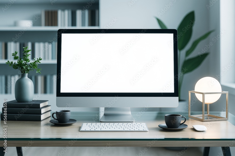 Aufkleber minimalist workspace with large blank computer screen, coffee cups, keyboard and modern decor on woo