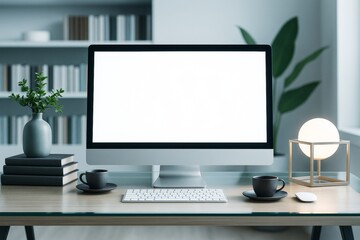Minimalist workspace with large blank computer screen, coffee cups, keyboard and modern decor on wooden desk in bright clean office background.