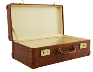 Vintage brown leather suitcase open with worn texture isolated on transparent background
