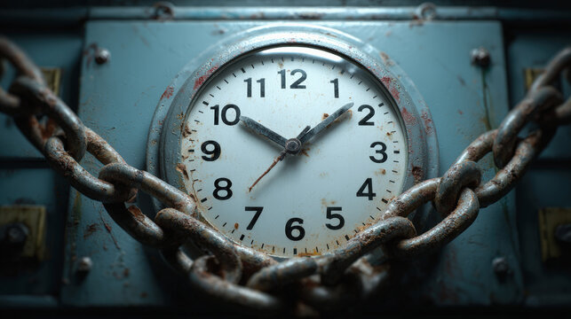 A close-up of a vintage clock wrapped tightly with a rusty chain, symbolizing restriction or the passage of time being controlled.