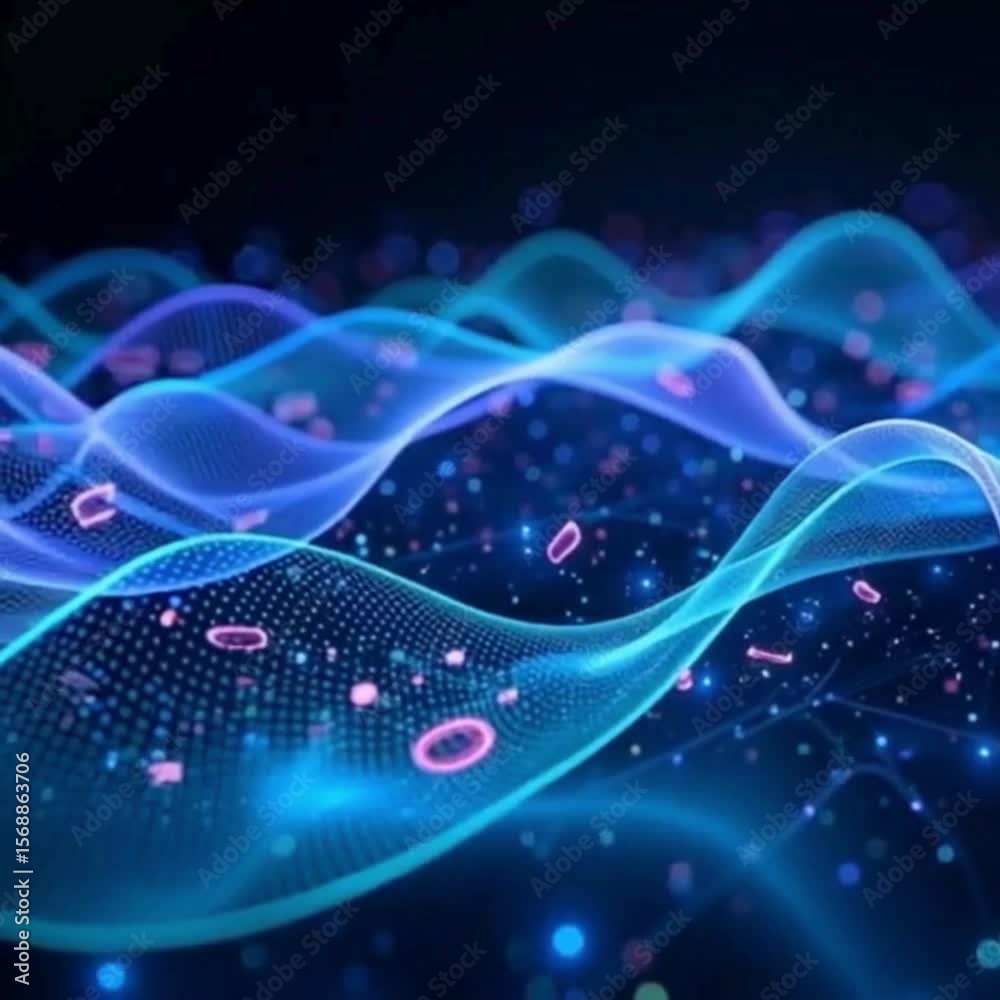 Poster abstract technology background with glowing waves and particles for science data and innovation conc