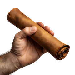 A person s hand holding a tightly rolled ancient parchment scroll with a textured brown surface isolated on transparent background