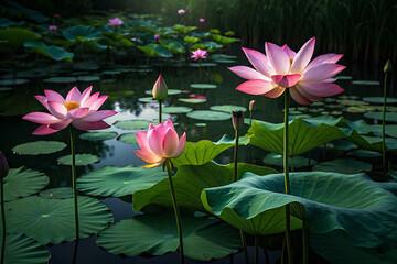 Beautiful Pink Lotus Flowers in Serene Pond &ndash; Tranquil Blooming Water Garden Scene
