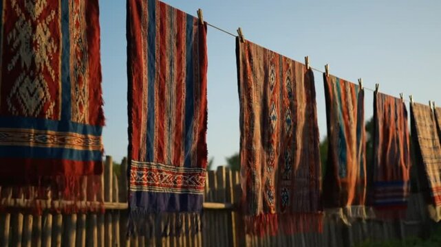 Sumba woven cloths (kain Sumba) drying and dancing in the breeze, showcasing their unique patterns and earthy tones.