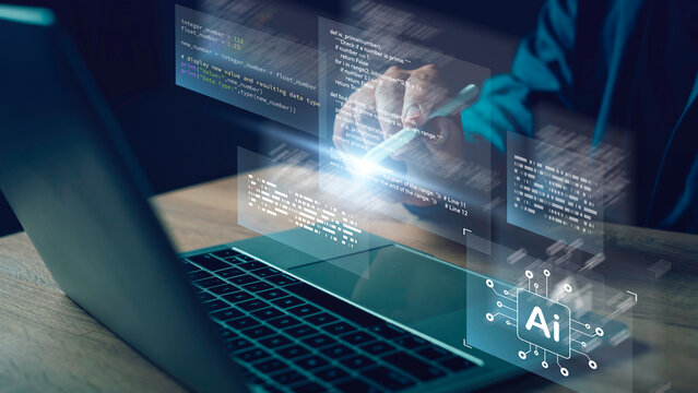 Hand using stylus with laptop and floating code interface, representing AI-powered web development, intelligent coding, automation, and advanced software technology.