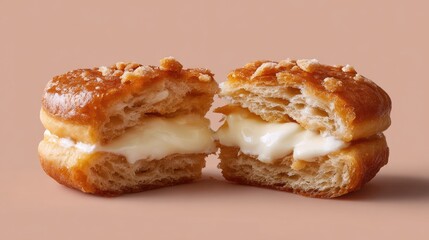 Mouthwatering Cream-Filled Pastry with Crunchy Topping on Brown Background
