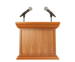 Wooden podium with two microphones isolated on transparent background
