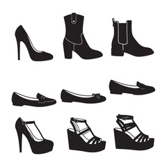 Nine Black Silhouettes of Womens Footwear Including High Heels Boots Flats and Wedges on White Background Fashion Shoe Collection Graphic Design Element
