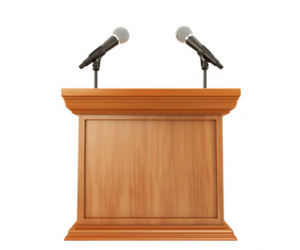 Wooden podium with two microphones isolated on transparent background