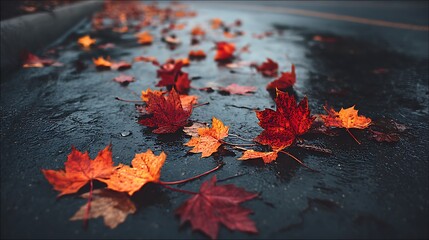 Autumn leaves on wet road