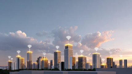 Obraz premium City skyline with digital connectivity and wireless signals at sunset