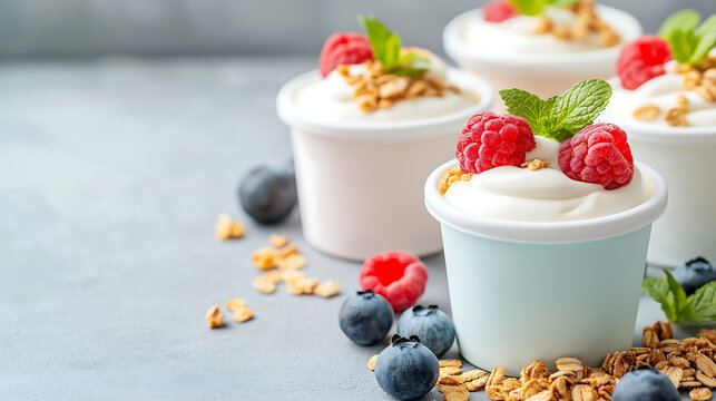 A variety of creamy yogurt cups in assorted flavors are paired with fresh fruits and granola on a breakfast table, offering a colorful and nutritious start to the day.