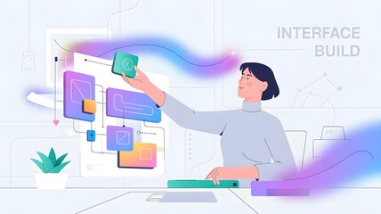 Product Designer Assembling Interface Blocks in Modular Workspace, flat style