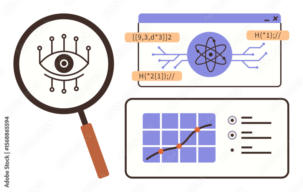 Poster magnifying glass over digital circuit with an eye, graph and code snippets, symbolizing ai analysis,