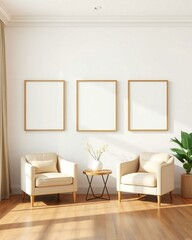Fototapeta premium Bright living room with two cream armchairs and three empty picture frames