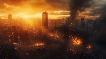 A city in ruins, engulfed in flames, with smoke billowing into the sky. The sun sets in the background, casting an orange glow over the scene.
