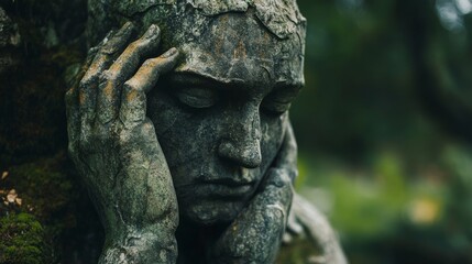 Fototapeta premium A close-up of a weathered stone statue of a person with their head in their hands, covered in moss.