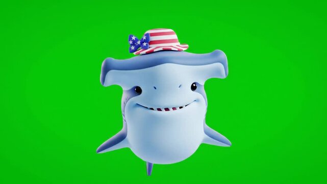 Cute 3d Light Blue Hammerhead Shark with Patriotic American Flag Hat Isolated on Green Screen Background Perfect for Decoration and Symbolizing American Holidays