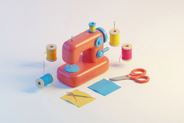 3D rendering of sewing supplies including a pink sewing machine, spools of yellow, blue, and pink thread, a needle, a pair of scissors, and yellow and blue fabric swatches.