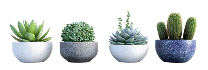 Exquisite collection of succulents and cacti in decorative pots against a black backdrop