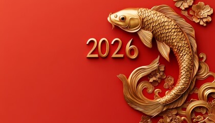 3D text "2026" with chinese style. luxury gold koi carp fish on red chinese background with copy space