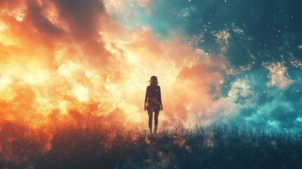 Fototapeta premium A lone woman stands on a grassy hill against a backdrop of a vibrant orange and blue sunset. The sky is full of clouds and stars, creating a mystical and ethereal atmosphere.
