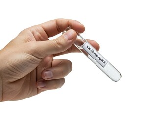 Hand Holding Test Tube Labeled "VX Nerve Agent" on White - Conceptual image representing chemical warfare, dangerous substances, or biochemical threats.
