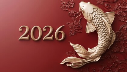 3D text "2026" with chinese style. luxury gold koi carp fish on red chinese background with copy space