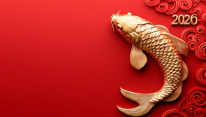3D text "2026" with chinese style. luxury gold koi carp fish on red chinese background with copy space