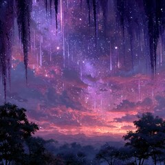 Fototapeta premium A stunning vibrant night sky filled with countless stars glowing meteor showers and clouds framed by silhouetted trees