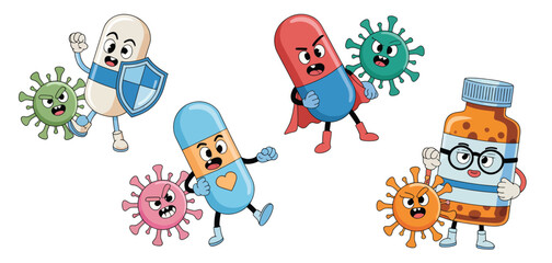 Cartoon Pills and Viruses Battling