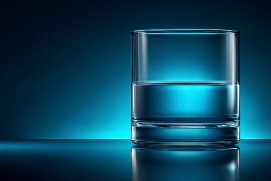 Clear glass filled with clean blue water reflecting on a dark surface 86 characters