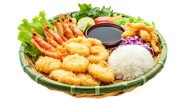 Delicious japanese tempura served in traditional basket on a black background close up
