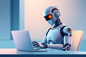 futuristic humanoid robot working on a laptop in a modern tech environment, symbolizing digital transformation, artificial intelligence, and advanced machine learning.
