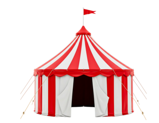 Classic red and white striped circus tent with open entrance isolated on transparent background