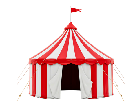 Classic red and white striped circus tent with open entrance isolated on transparent background